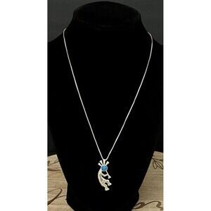 Vintage 925 Sterling Silver Turquoise Kokopelli Pendant & Chain Signed JC 4.4g